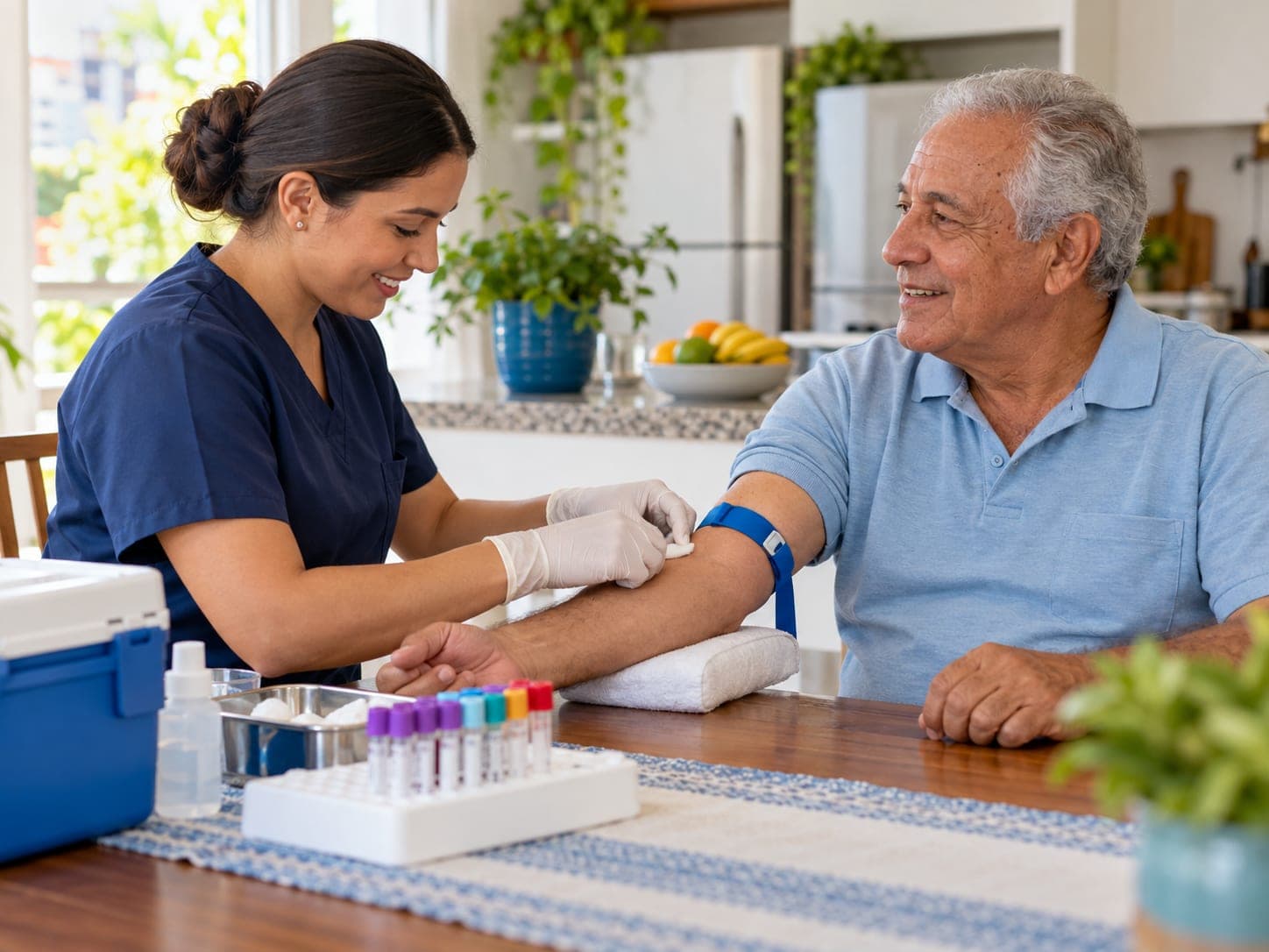 Profissional de saúde fazendo coleta de exame de sangue em casa
